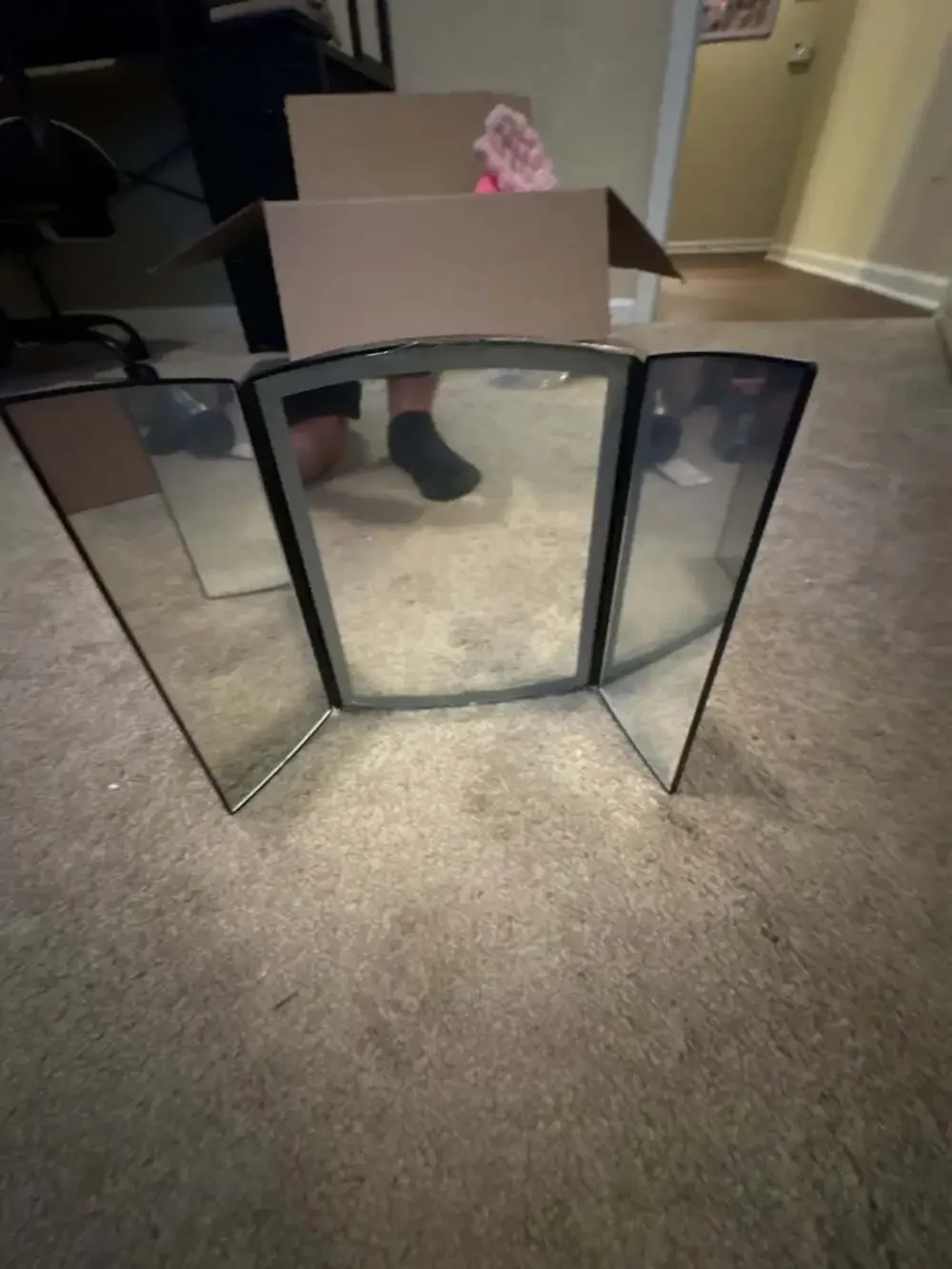 Three-Way Folding Makeup Vanity Mirror with Black Frame and Storage Compartment